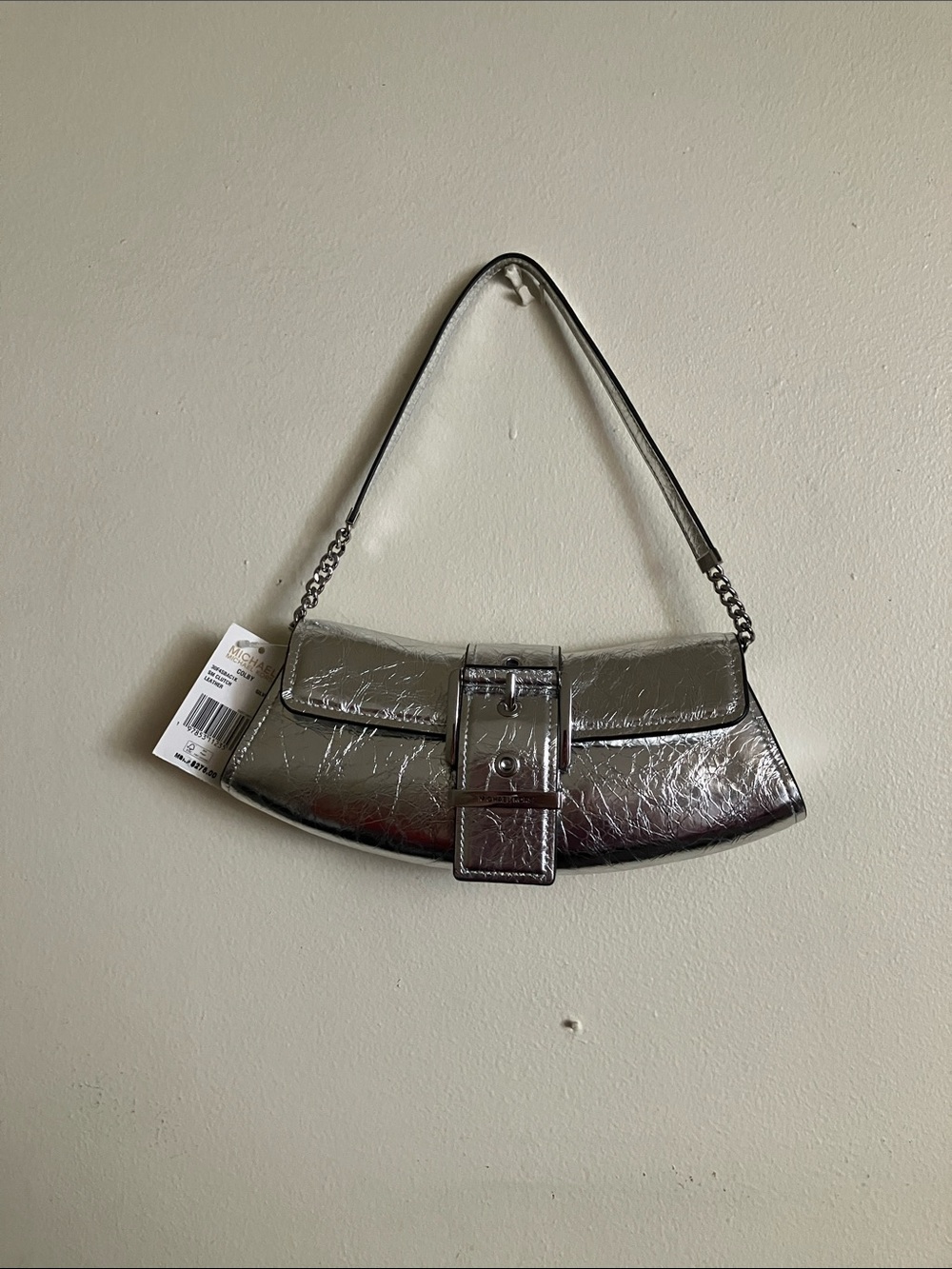 MICHAEL Michael Kors Metallic Silver crackled leather Buckle Shoulder Clutch